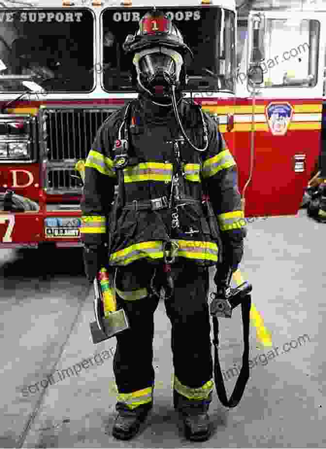 A Firefighter In Full Gear Stands Next To A Fire Truck. Lots Lots Of Fire Trucks Firefighters